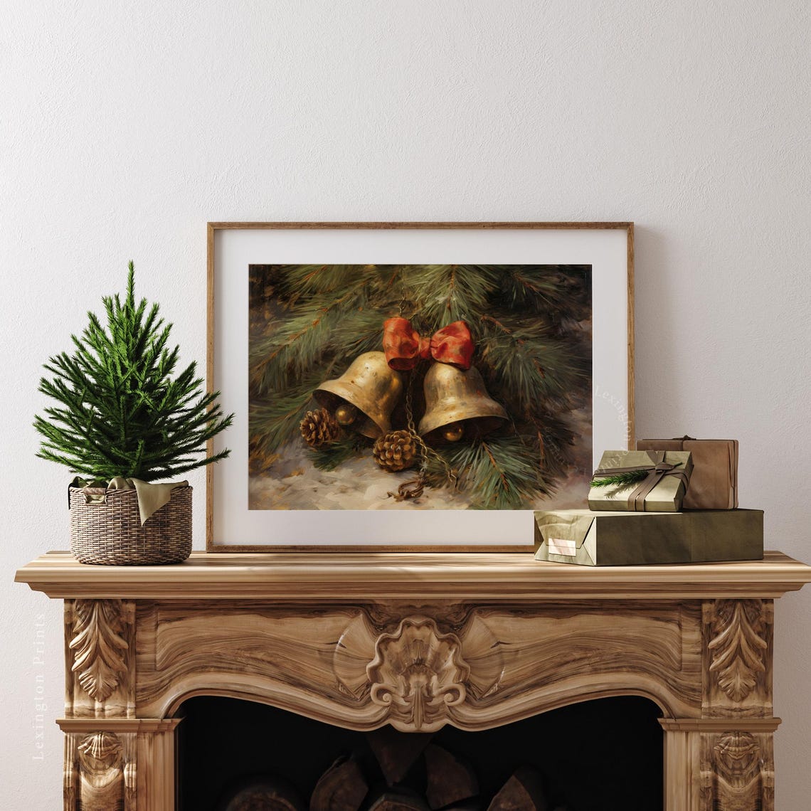 Vintage Brass Christmas Bells Pinecones Red Bow Rustic Wall Art - Image 3