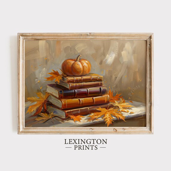 Stack of Vintage Books with Pumpkin Maple Leaves Oil Painting Fall Poster