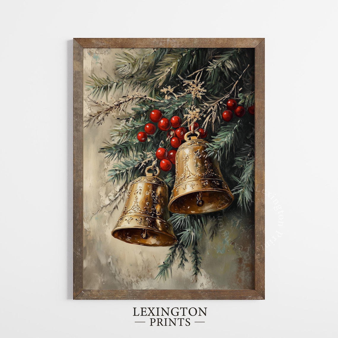 Vintage Gold Christmas Bells Pine Branches Red Berries Holiday Poster - Image 5