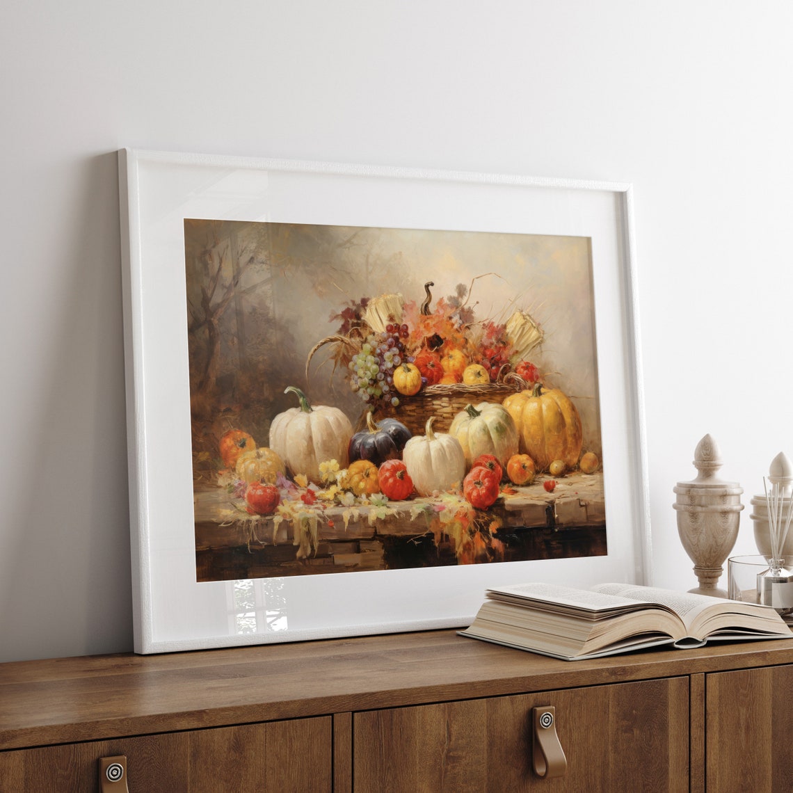 Fall Harvest Still Life with Pumpkins Corn and Grapes Vintage Wall Art - Image 4