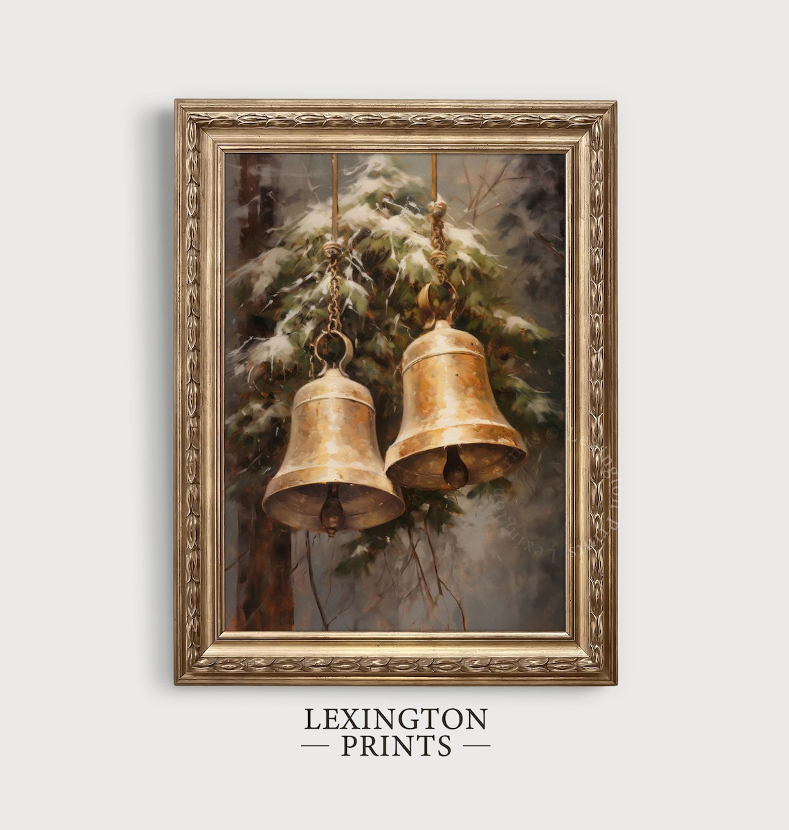 Golden Brass Bells Snowy Fir Branch Vintage Christmas Painting Poster - Image 3