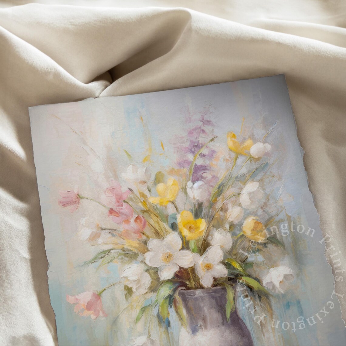 Pastel Spring Flowers Still Life Grey Vase Soft Impressionist Floral Poster - Image 7