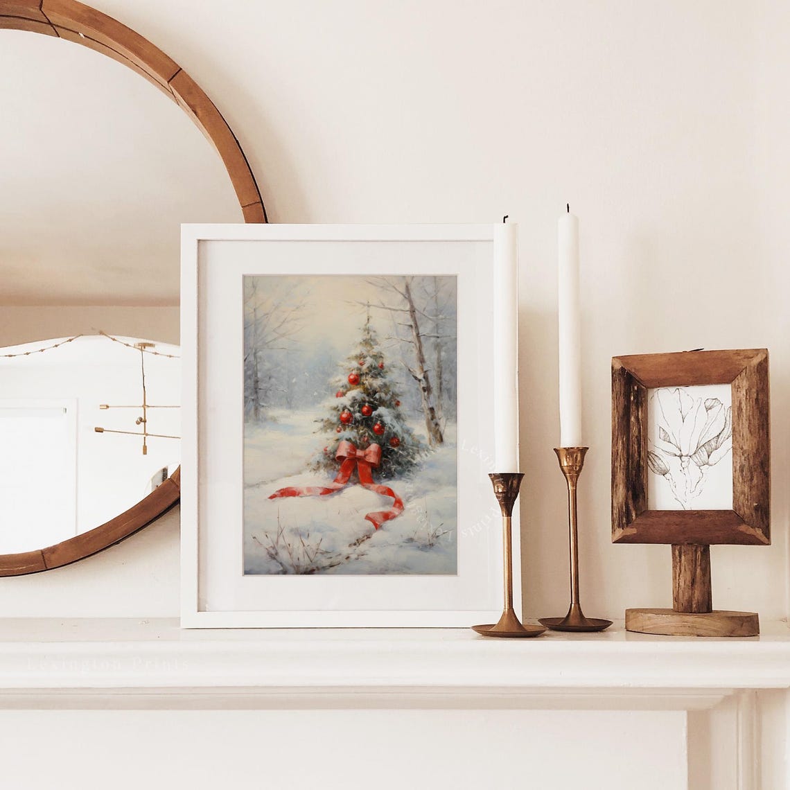 Small Snowy Christmas Tree with Red Bow Birch Forest Holiday Poster - Image 3