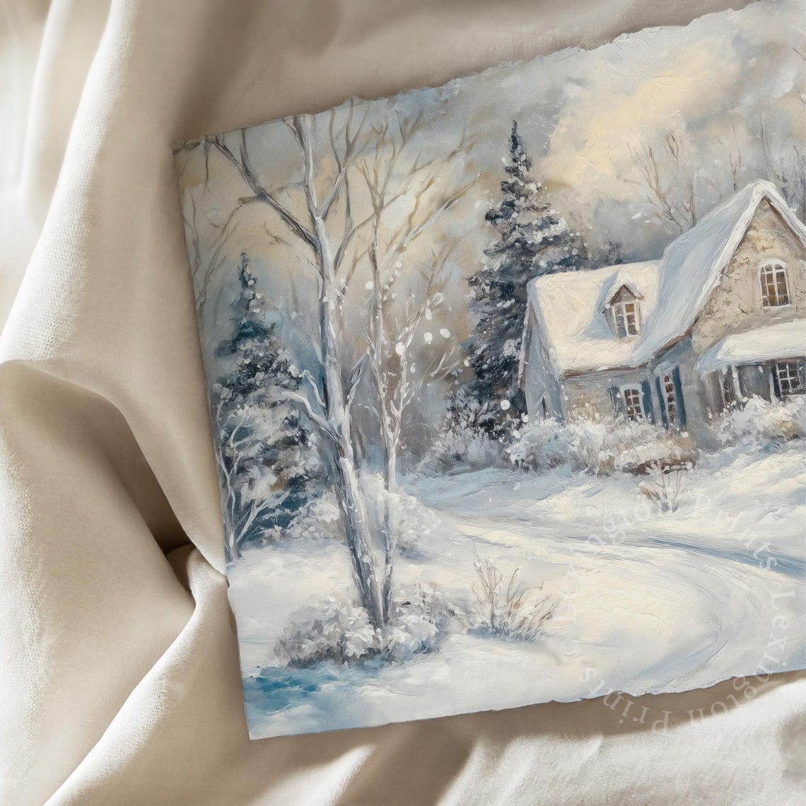 Snow Covered Cottage in Winter Woodland Peaceful Snowfall Art Print