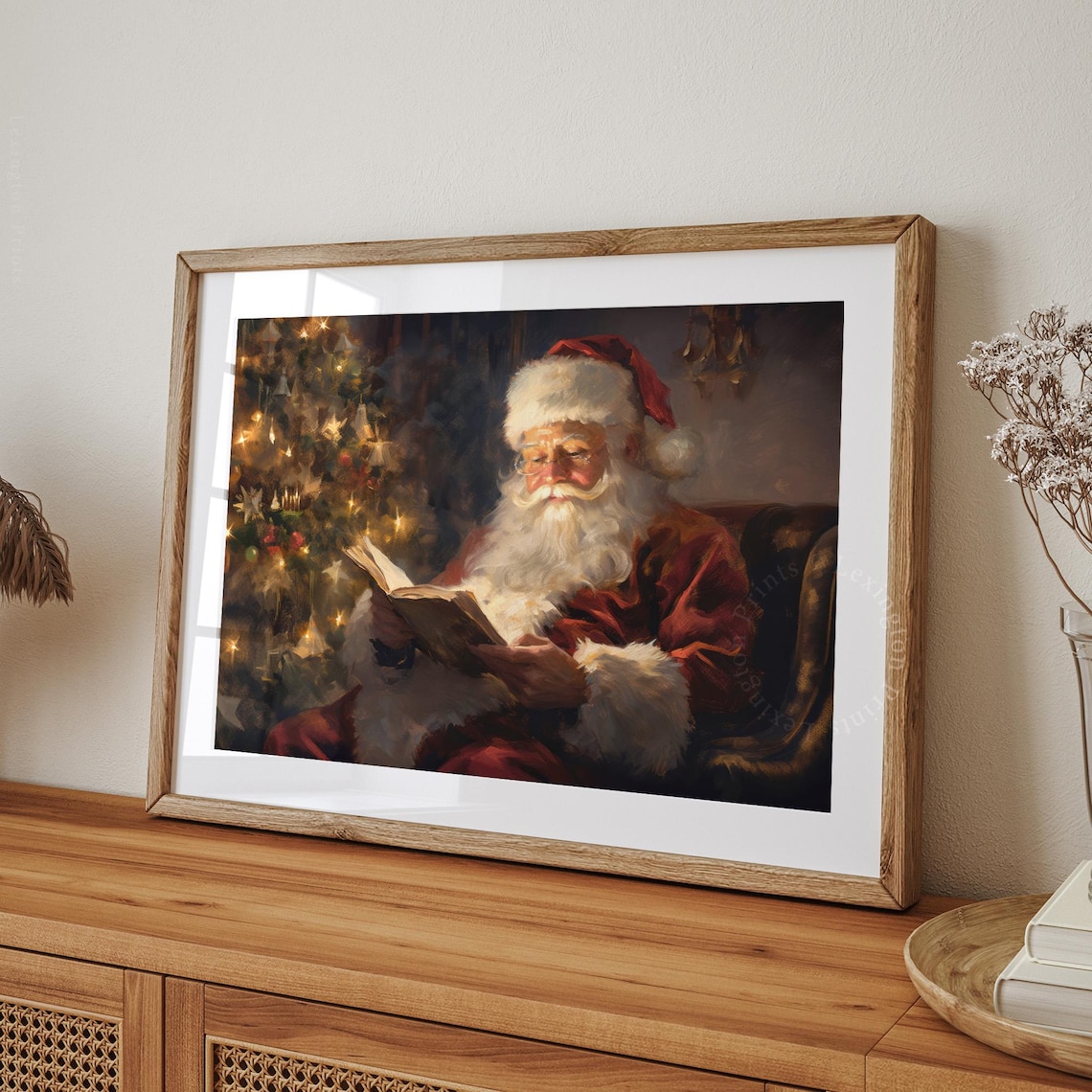 Santa Claus Reading Book by Lit Christmas Tree Cozy Holiday Poster - Image 8