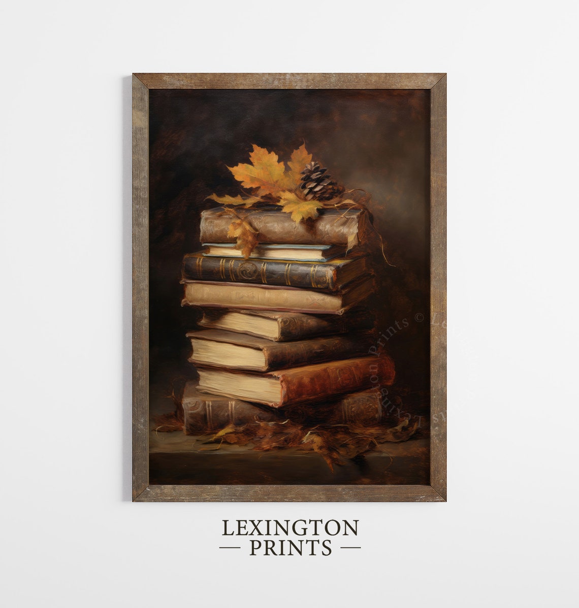 Stack of Old Books with Autumn Leaves Dark Still Life Poster - Image 3