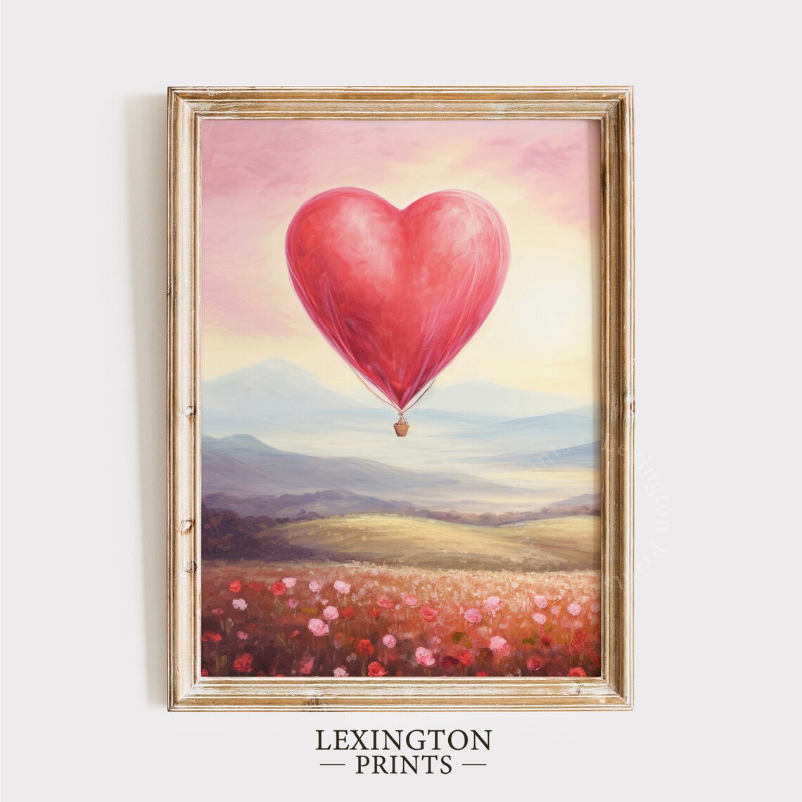 Red Heart Hot Air Balloon Over Wildflower Meadow Sunset Art Print - Image 8