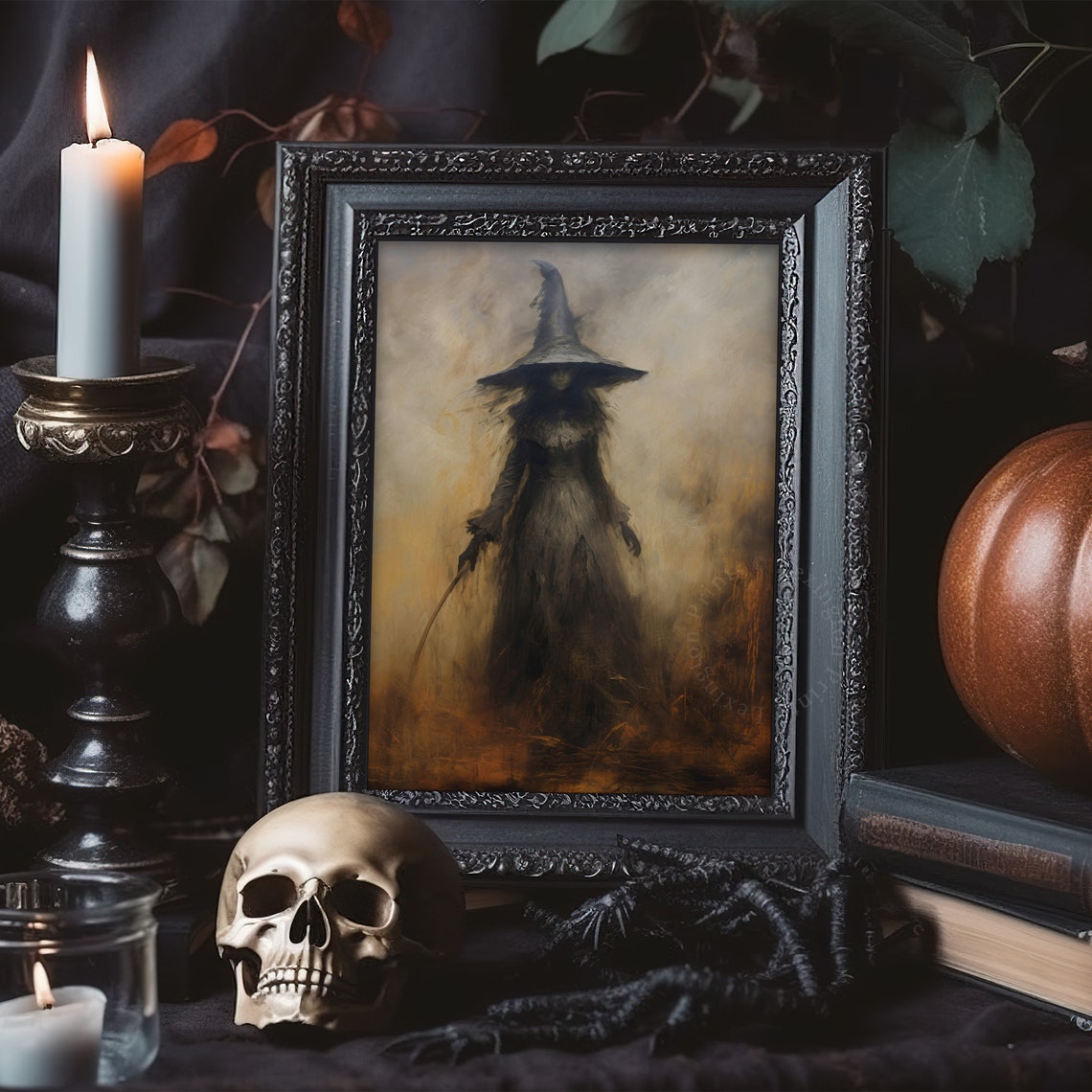 Shadowy Tall-Hatted Witch Walking Through Misty Golden Field Poster - Image 8