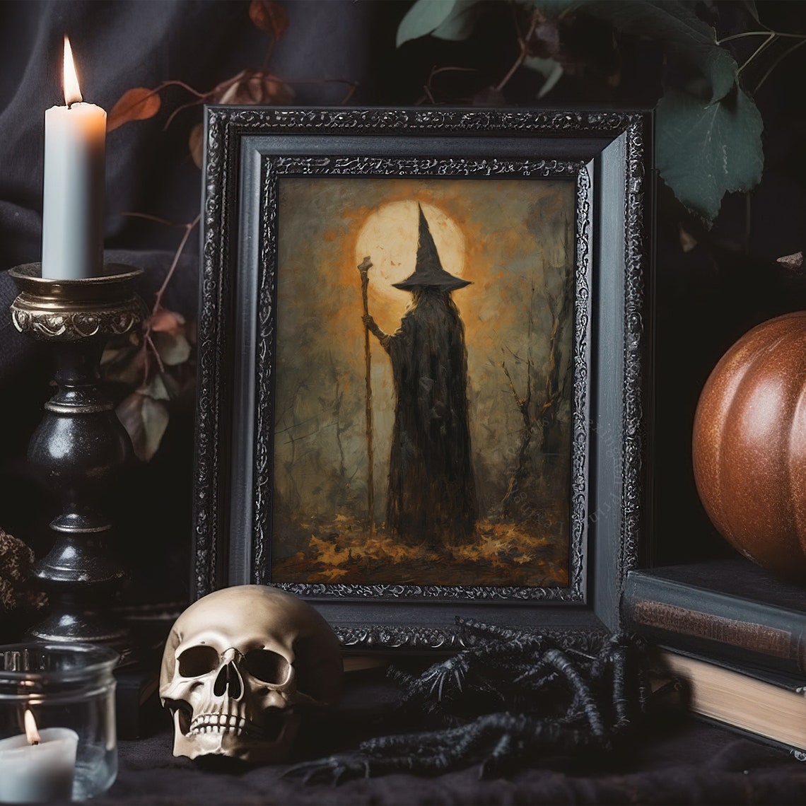 Mysterious Cloaked Wizard With Staff Standing Before Full Moon Poster - Image 6