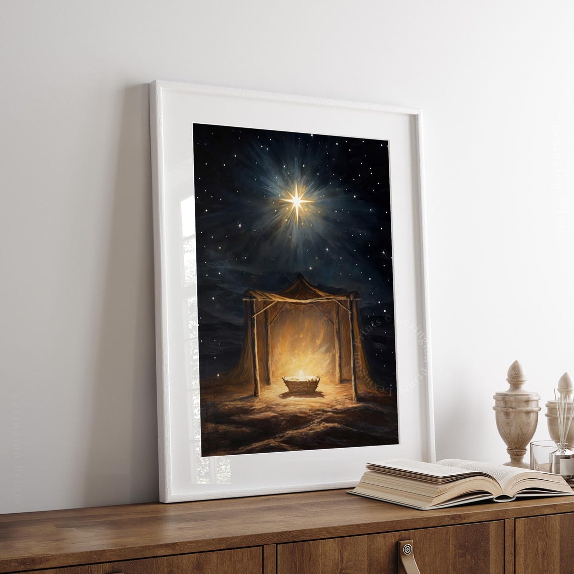Nativity Scene Glowing Manger Stable Christmas Star Night Oil Poster - Image 7