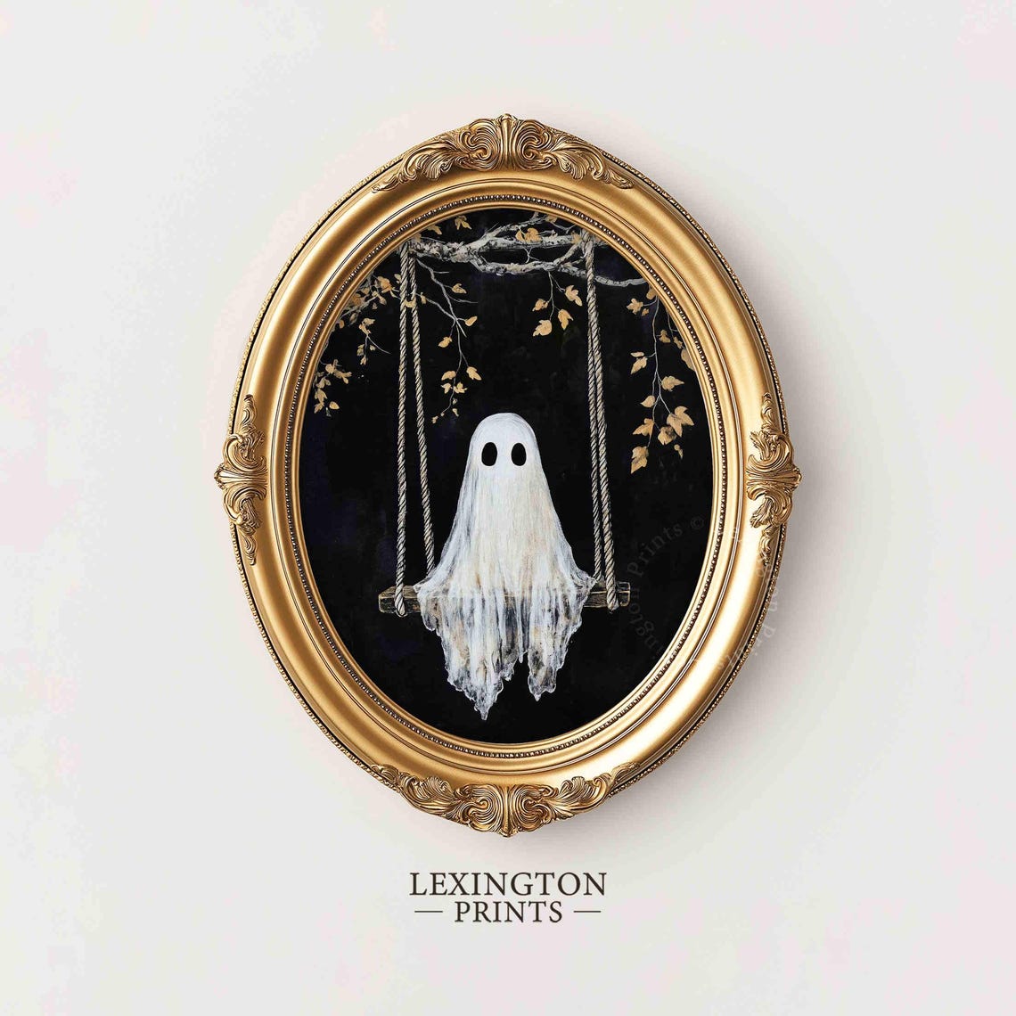 Cute White Ghost on a Swing Under Autumn Tree Halloween Poster - Image 6