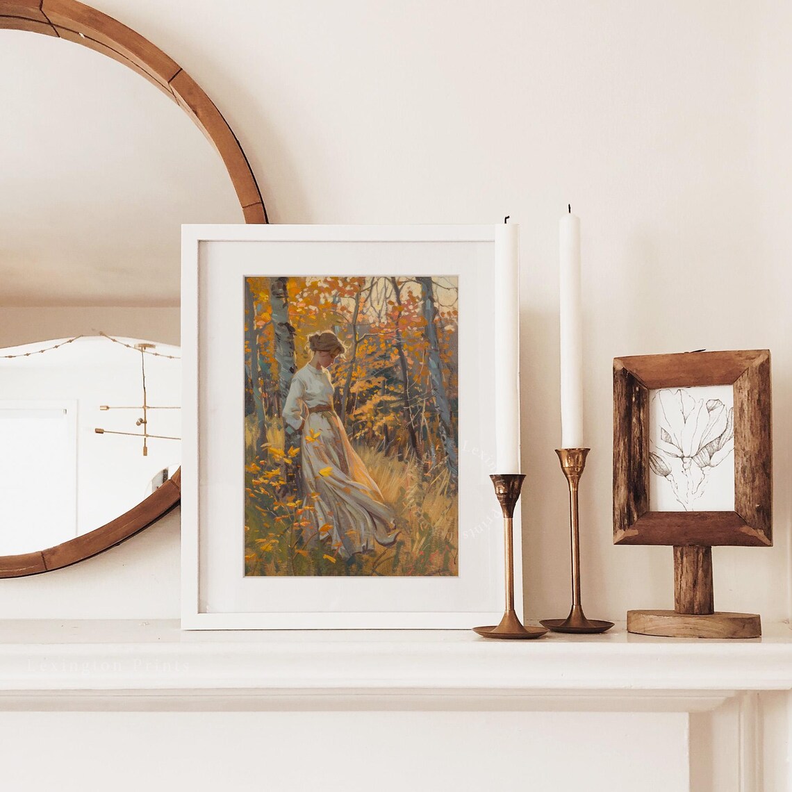 Woman Autumn Birch Forest Golden Vintage Moody Fall Painting Poster - Image 4
