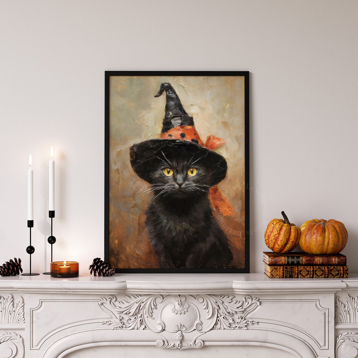 Black Cat With Yellow Eyes Wearing Witch Hat With Orange Bow Poster - Image 7
