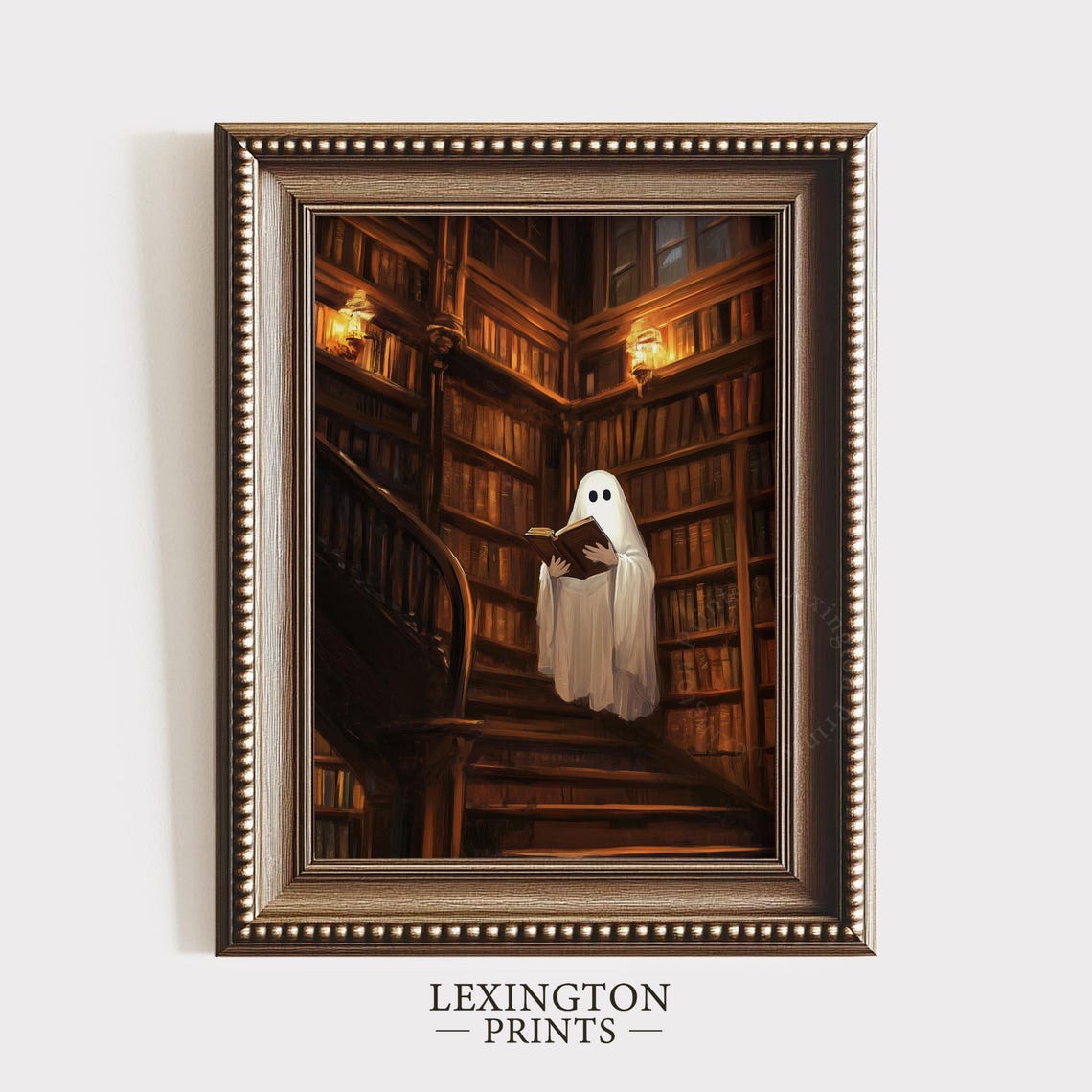 Cute Ghost Reading Book in Spooky Library Halloween Vintage Wall Art - Image 8