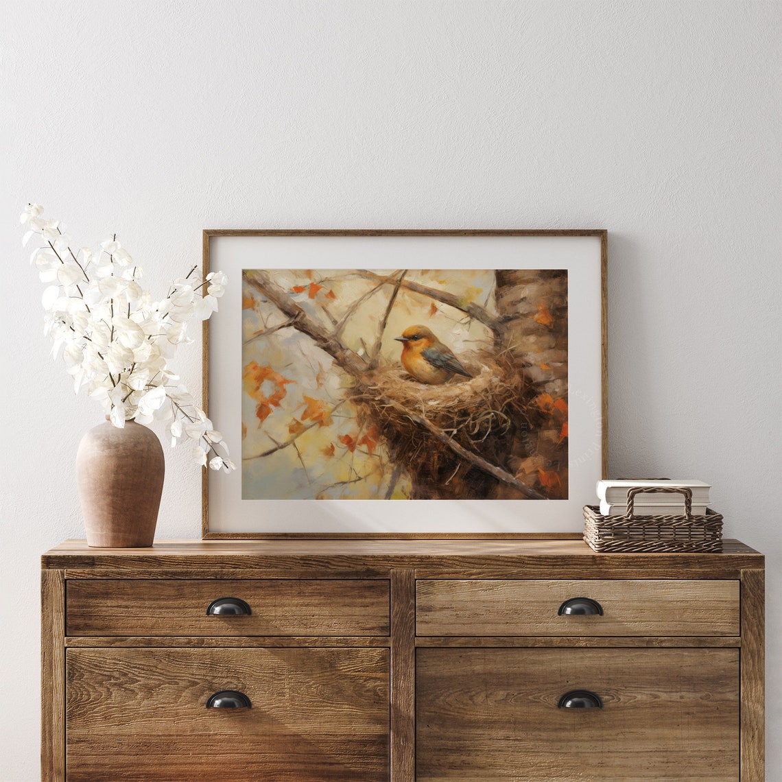 Orange Breasted Bird Resting in Nest Among Autumn Branches Poster - Image 6