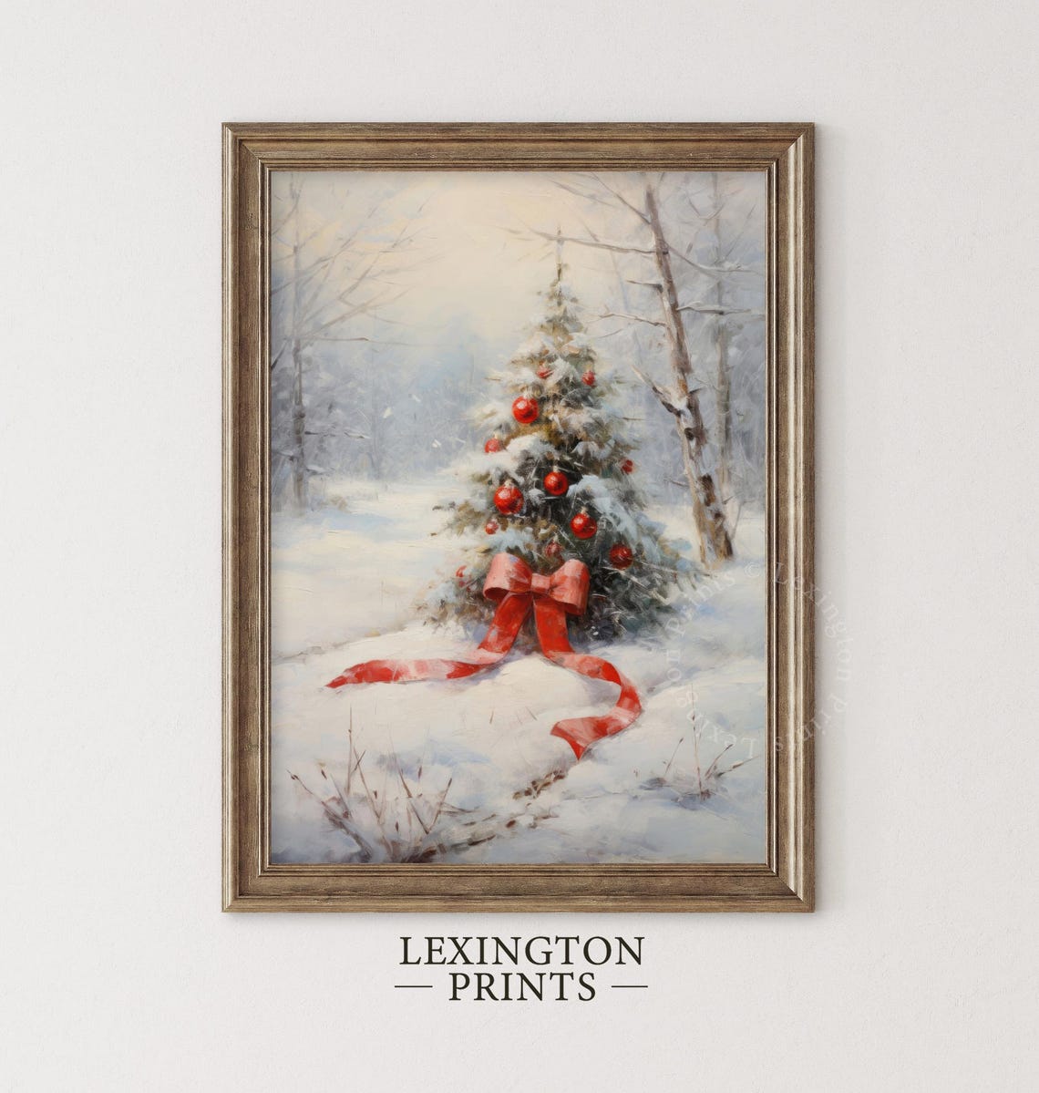 Small Snowy Christmas Tree with Red Bow Birch Forest Holiday Poster - Image 5