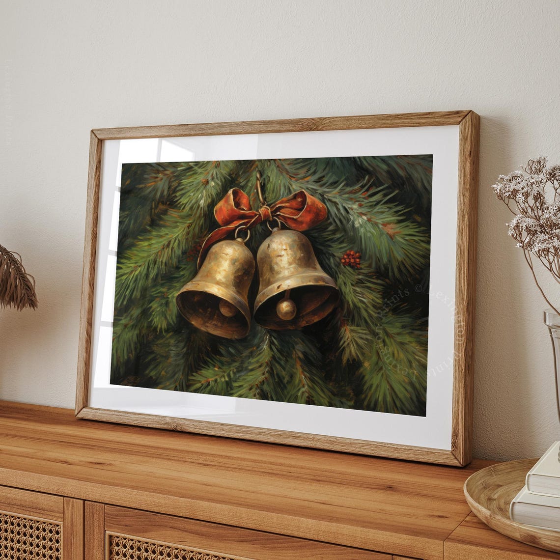Christmas Brass Jingle Bells Pine Branch Red Bow Vintage Wall Art - Image 3