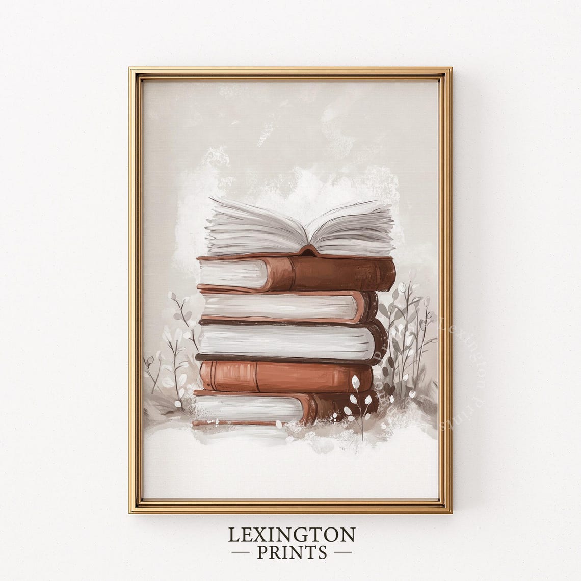 Stack of Books with Open Book Neutral Winter Reading Room Wall Art - Image 5