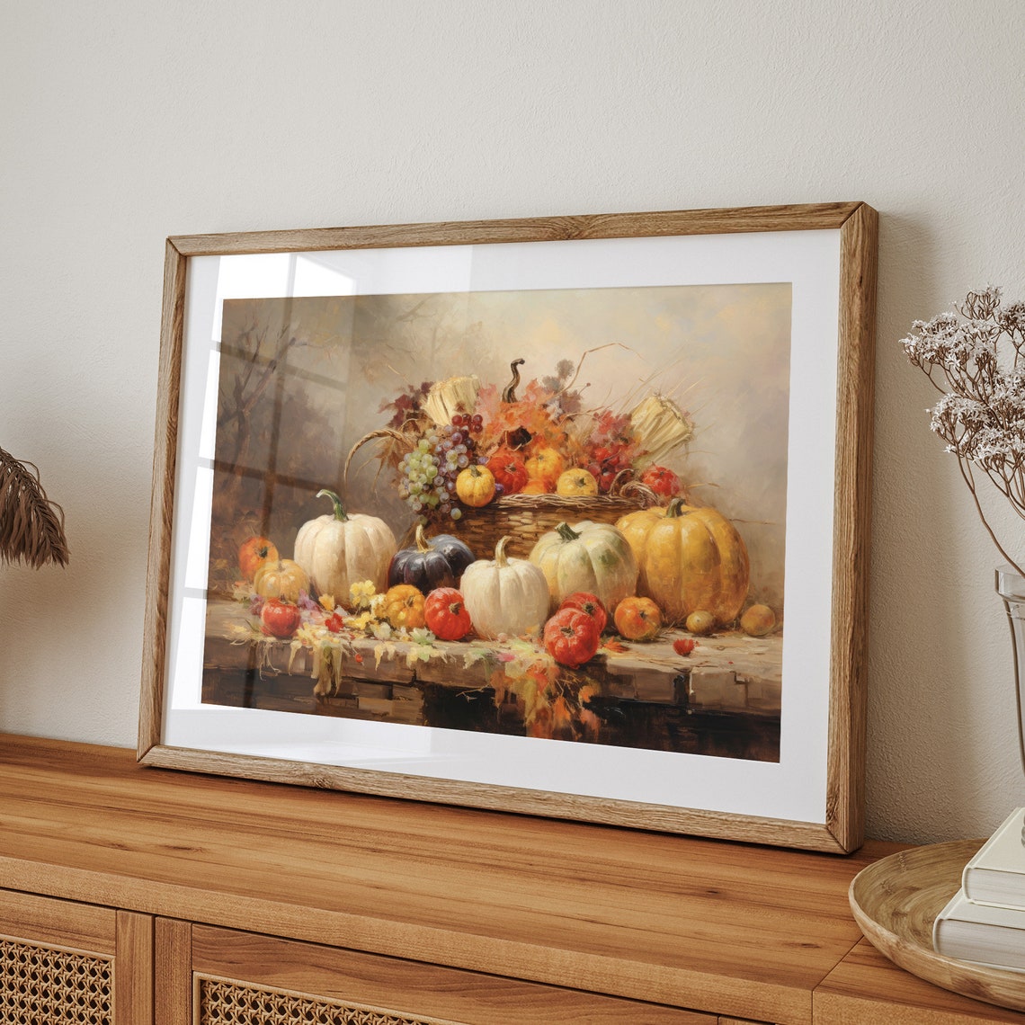 Fall Harvest Still Life with Pumpkins Corn and Grapes Vintage Wall Art - Image 8