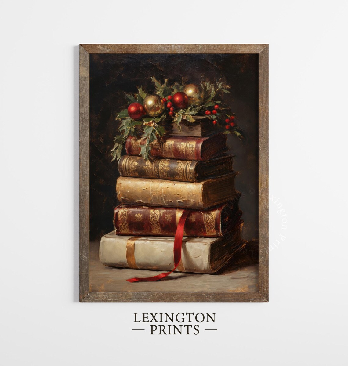 Vintage Books with Holly and Ornaments Christmas Still Life Poster - Image 2