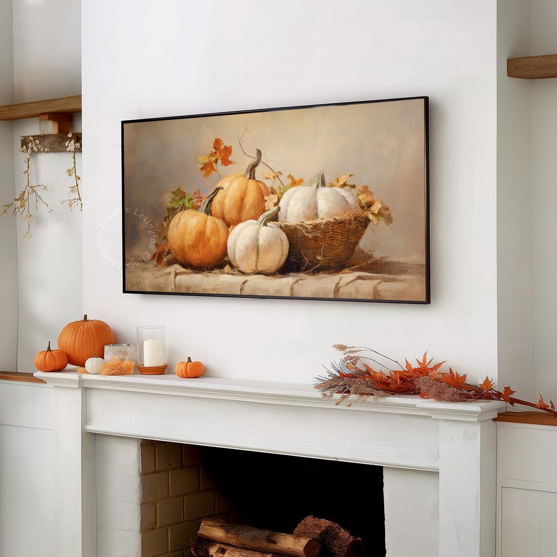 Harvest Pumpkins Orange And White Rustic Still Life Frame TV Art Poster - Image 7