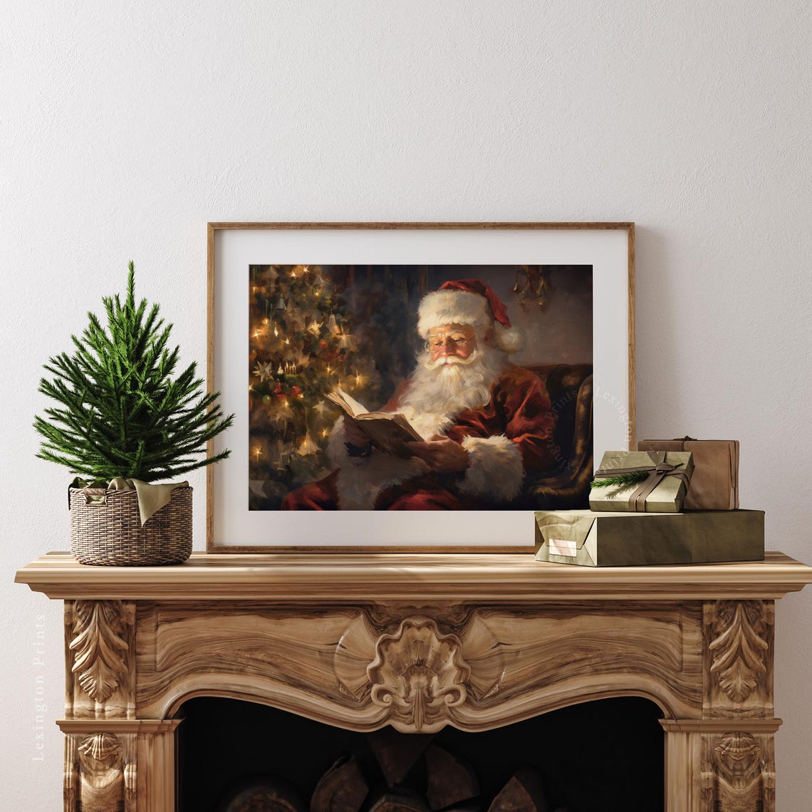 Santa Claus Reading Book by Lit Christmas Tree Cozy Holiday Poster - Image 4