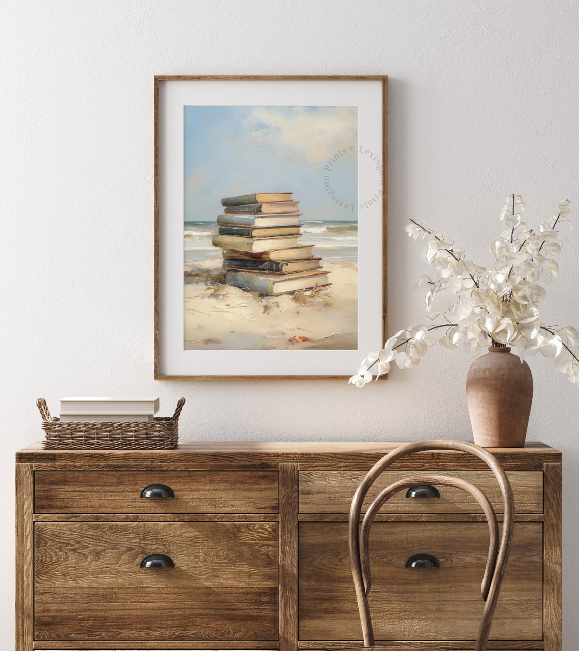 Stack of Vintage Books on Sandy Beach Ocean Painting Wall Art - Image 7