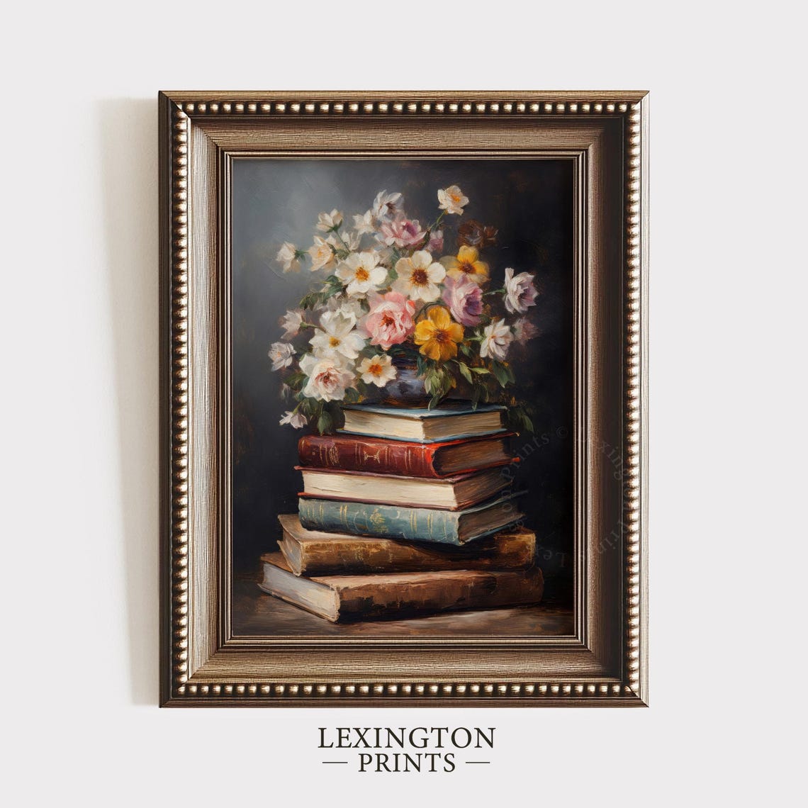 Wildflower Bouquet on Stack of Antique Books Dark Still Life Print - Image 6