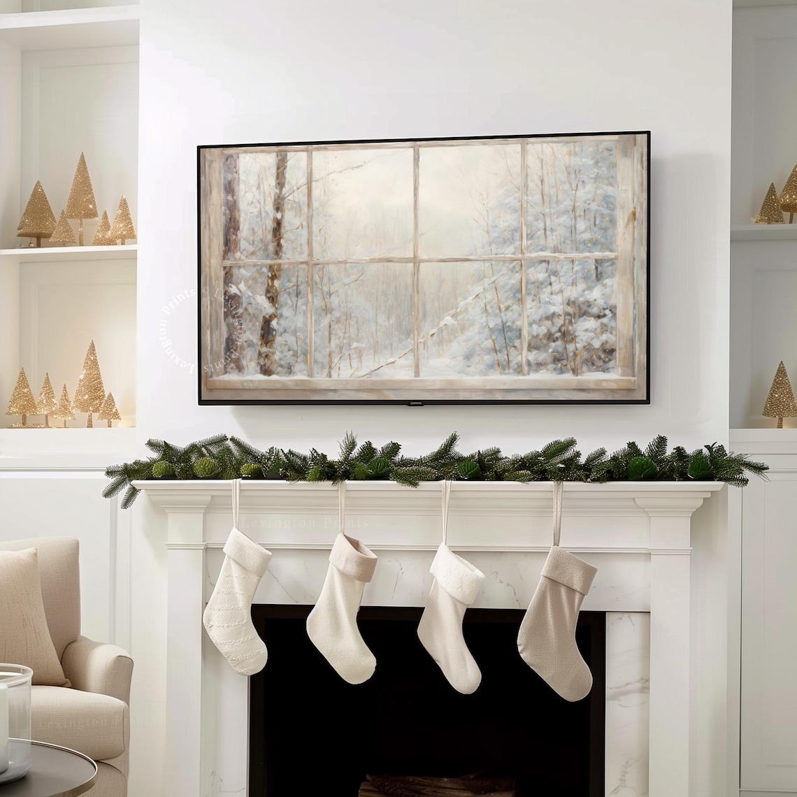 Snowy Window Christmas Forest Art Print, Cottagecore