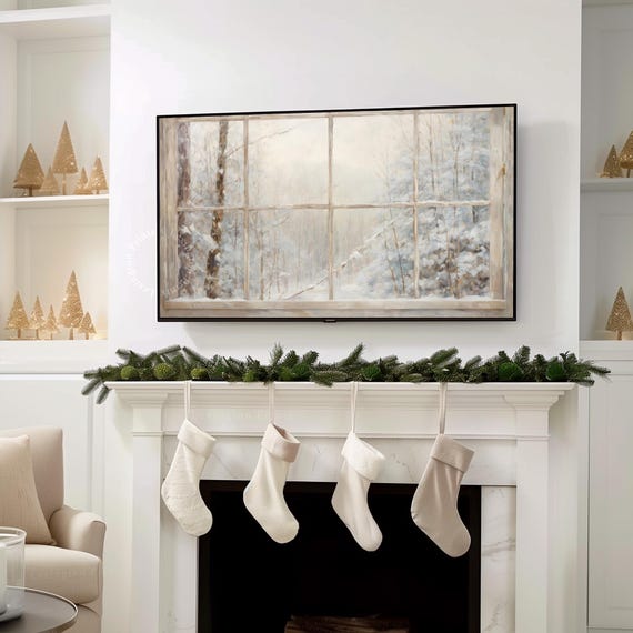 Snowy Window Christmas Forest Art Print, Cottagecore