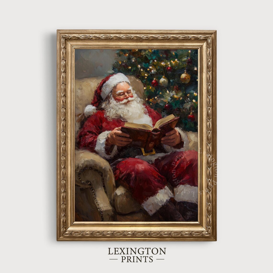 Santa Claus Reading A Book In Armchair Beside Christmas Tree Poster - Image 4