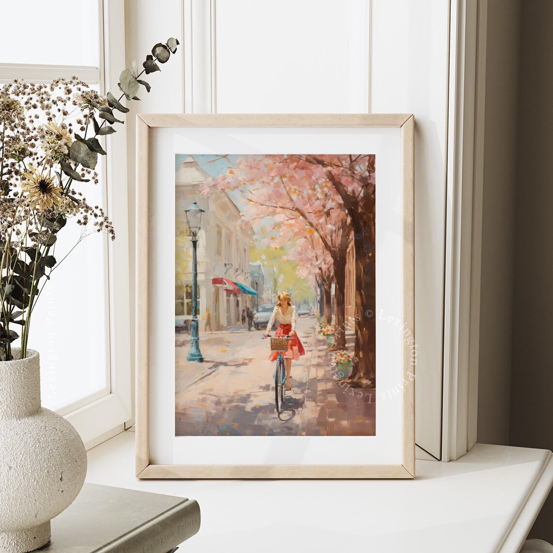 Woman Riding Bike Down Cherry Blossom Street Spring Town Wall Art - Image 7