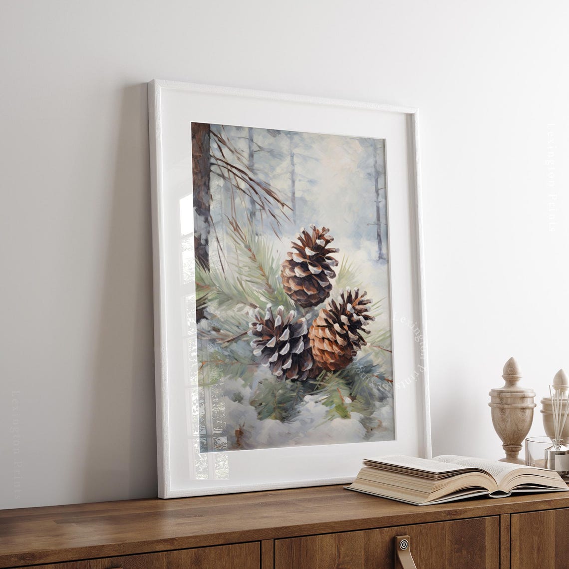 Snow Tipped Pinecones on Frosted Branch Winter Painting Poster - Image 8