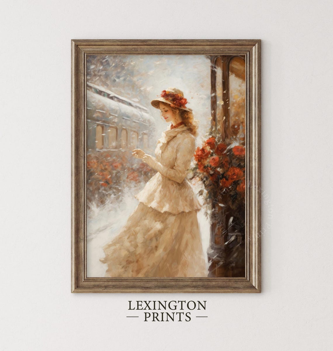Winter Print Vintage Christmas Wall Art Woman Christmas Oil Painting Christmas Decor Vintage 1950s Art City Train Art Holiday Winter Art 308 - Image 2