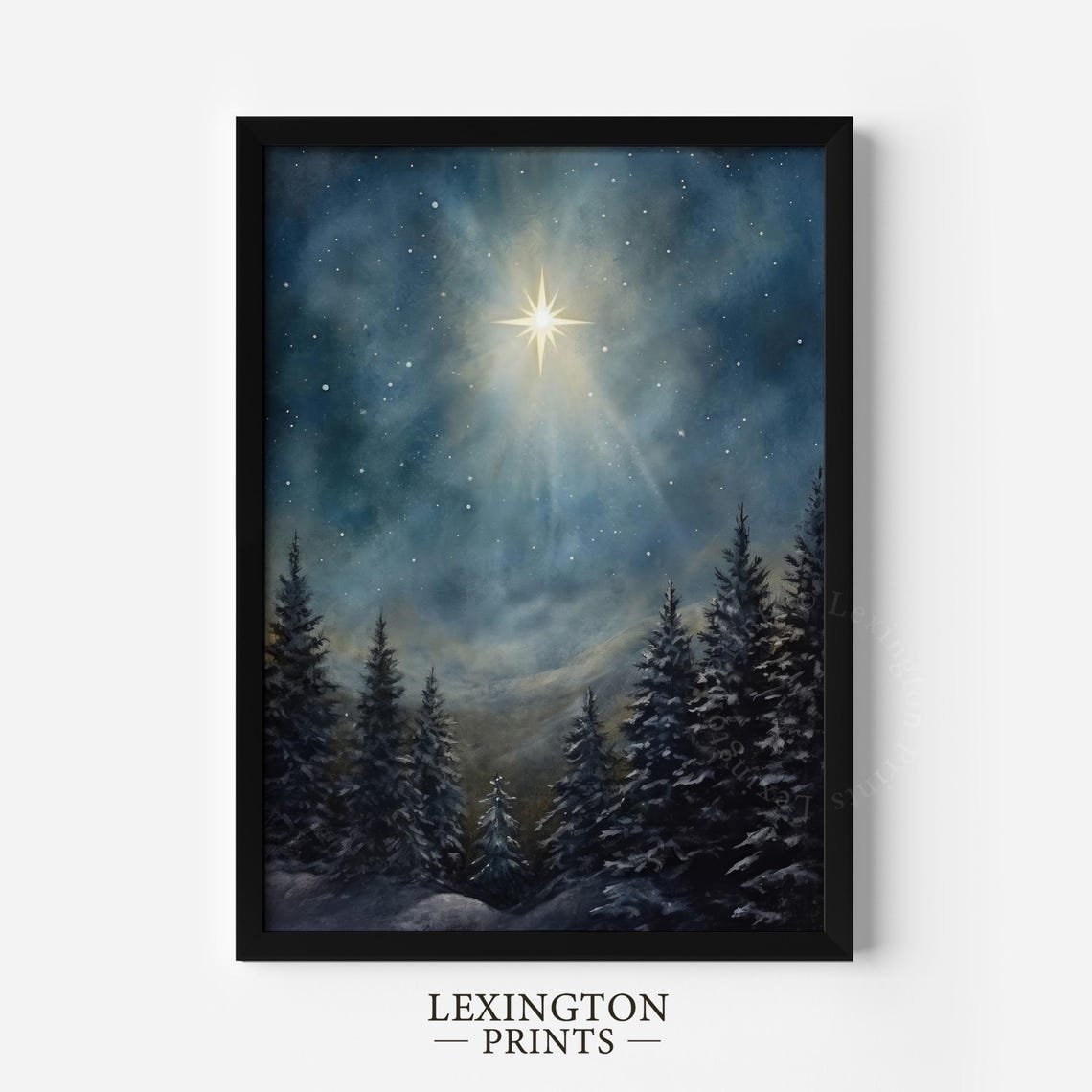Shining Christmas Star Above Snowy Pine Forest Night Scene Print - Image 2