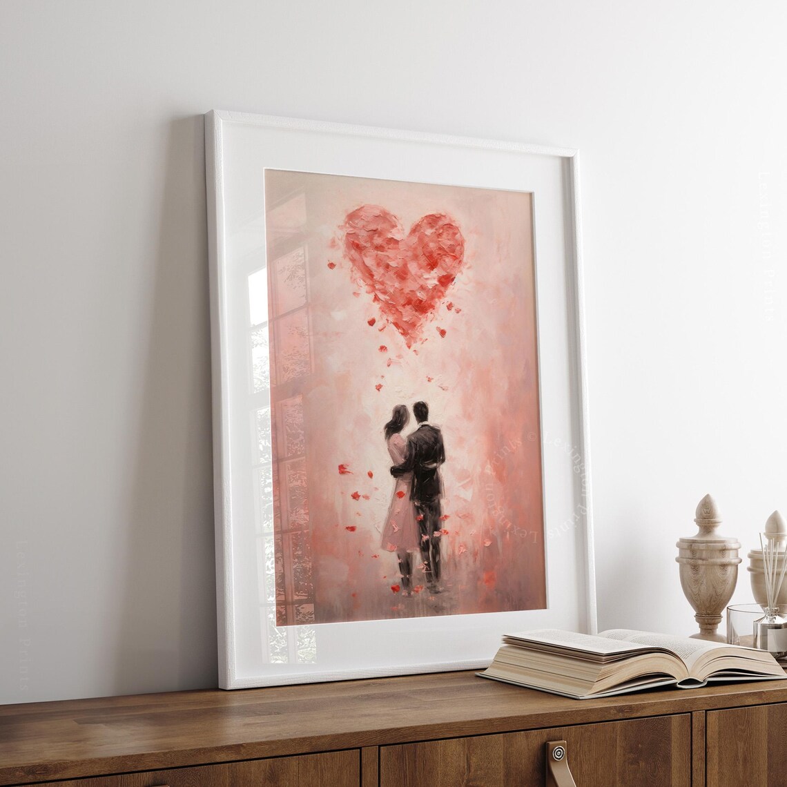 Embracing Couple Beneath Heart of Rose Petals Romantic Art Print - Image 4