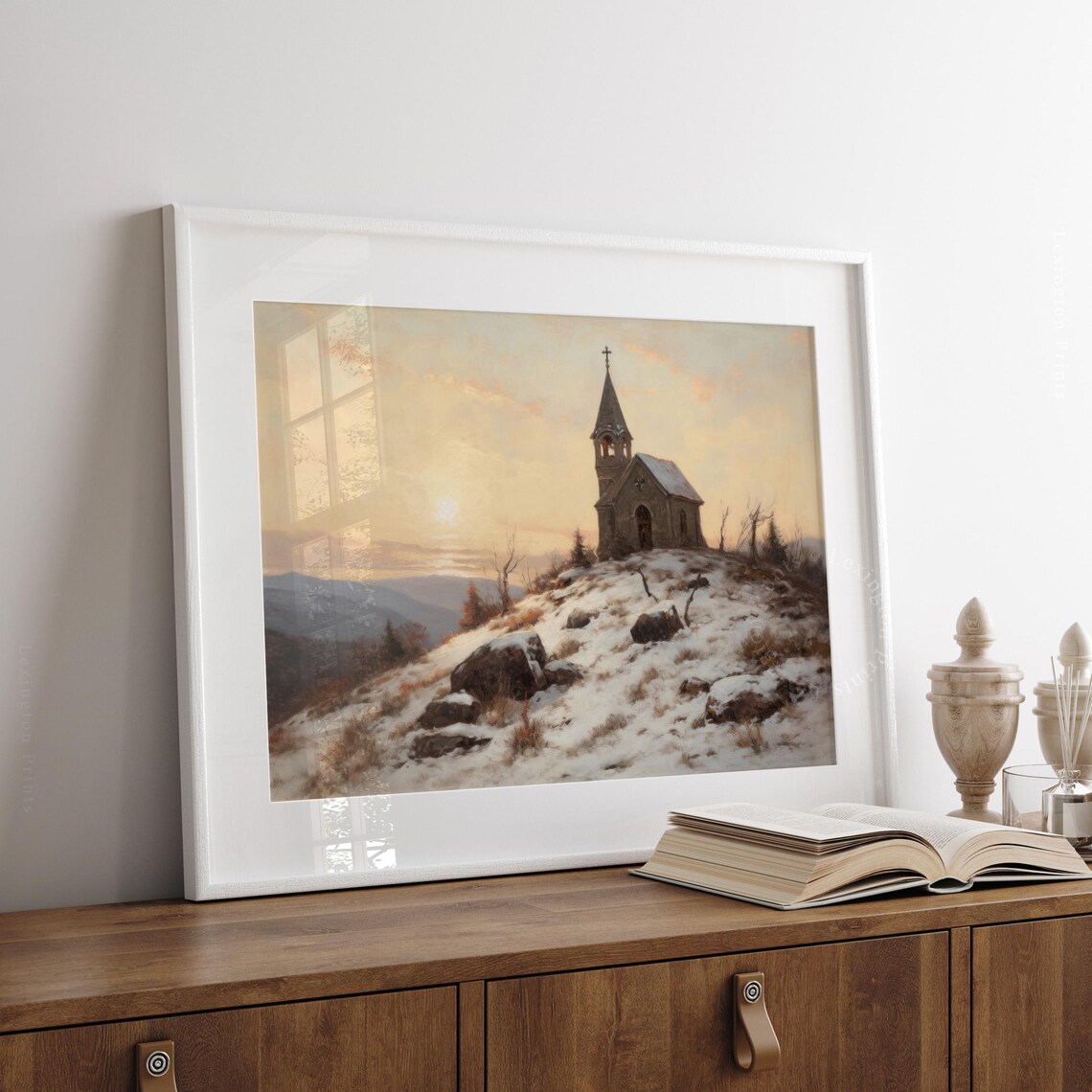 Stone Church on Snowy Hill Winter Sunset Landscape Painting Poster - Image 8