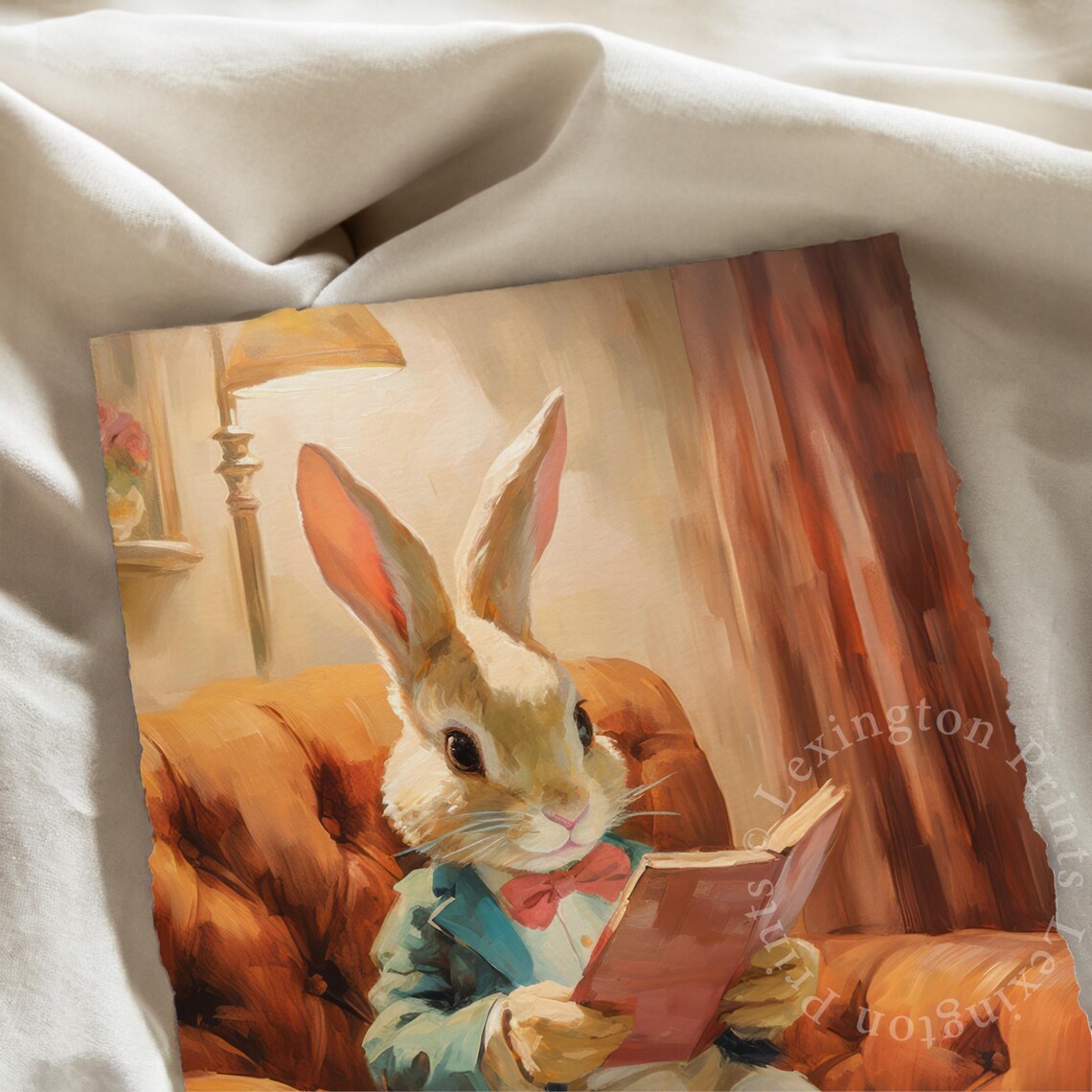Dapper Rabbit Reading a Book in Leather Armchair Vintage Storybook Poster - Image 7