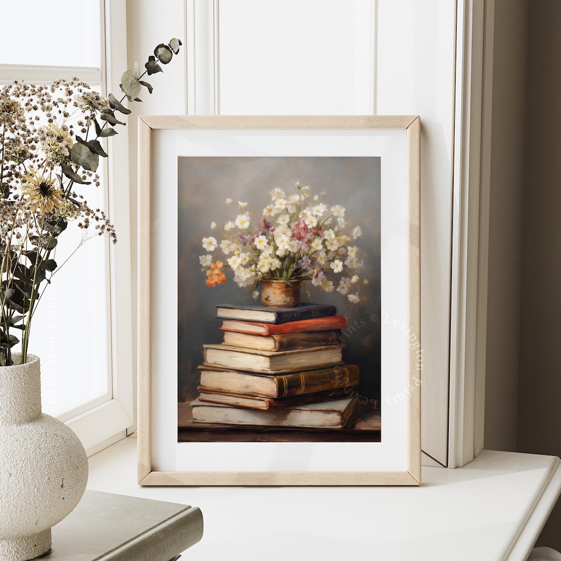 White Wildflower Bouquet in Brass Pot on Books Still Life Art Print - Image 3