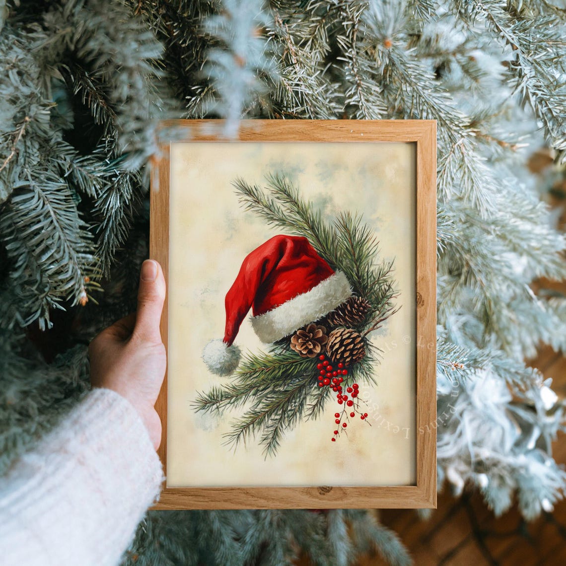 Santa Hat with Pine Branches and Pinecones Christmas Painting Poster - Image 4