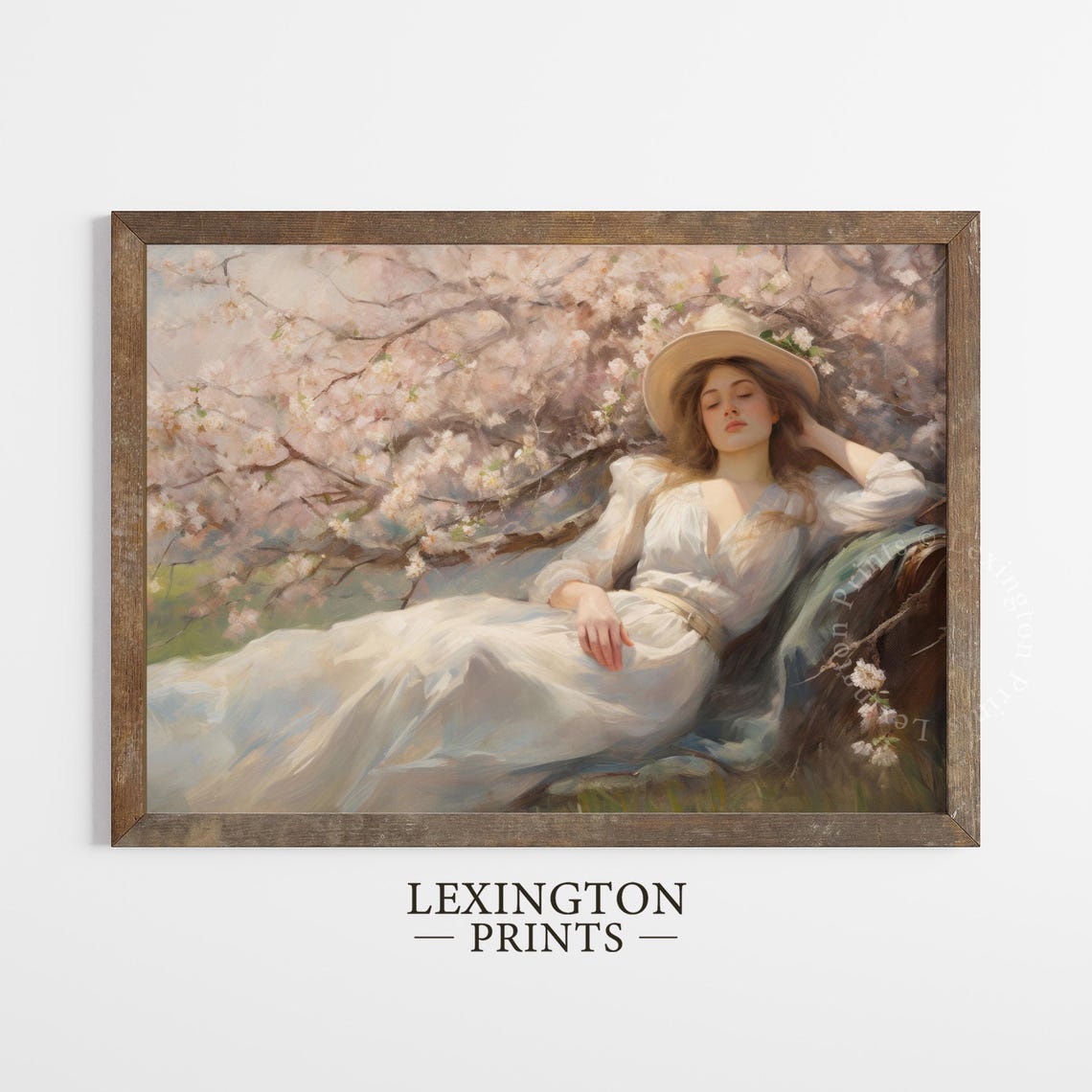 Woman Resting Under Cherry Blossom Tree in White Dress Spring Poster - Image 2