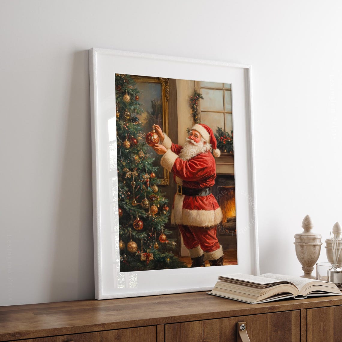 Santa Claus Decorating Christmas Tree Vintage Holiday Scene Poster - Image 2