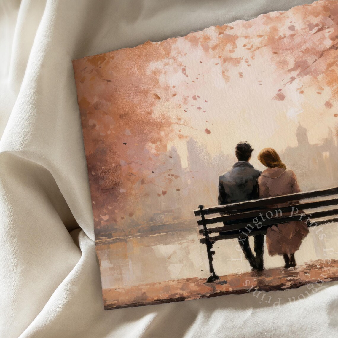Romantic Couple on Park Bench Autumn City Skyline Watercolor Print - Image 6