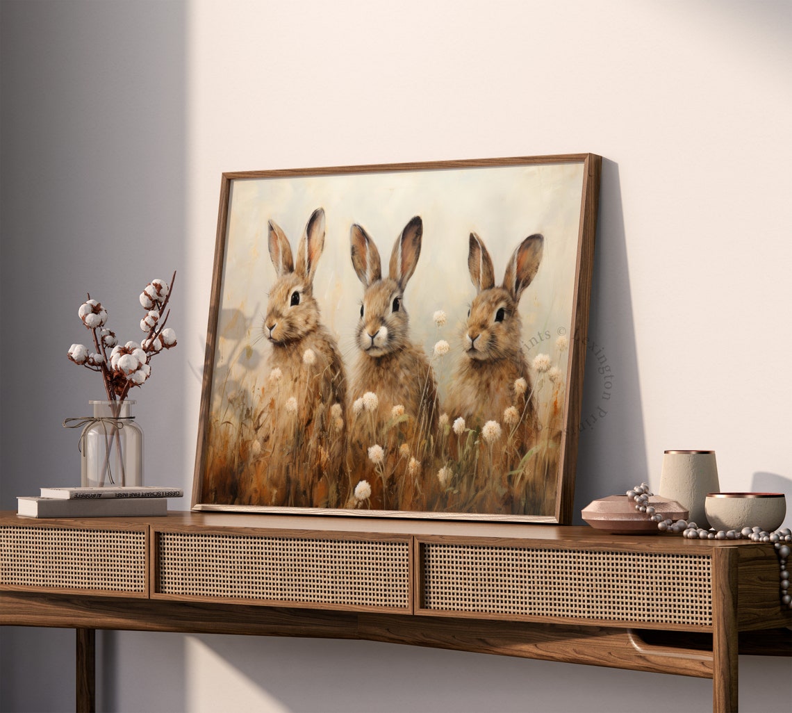 Three Bunnies Wildflower Field Vintage Spring Rabbit Painting Poster - Image 7