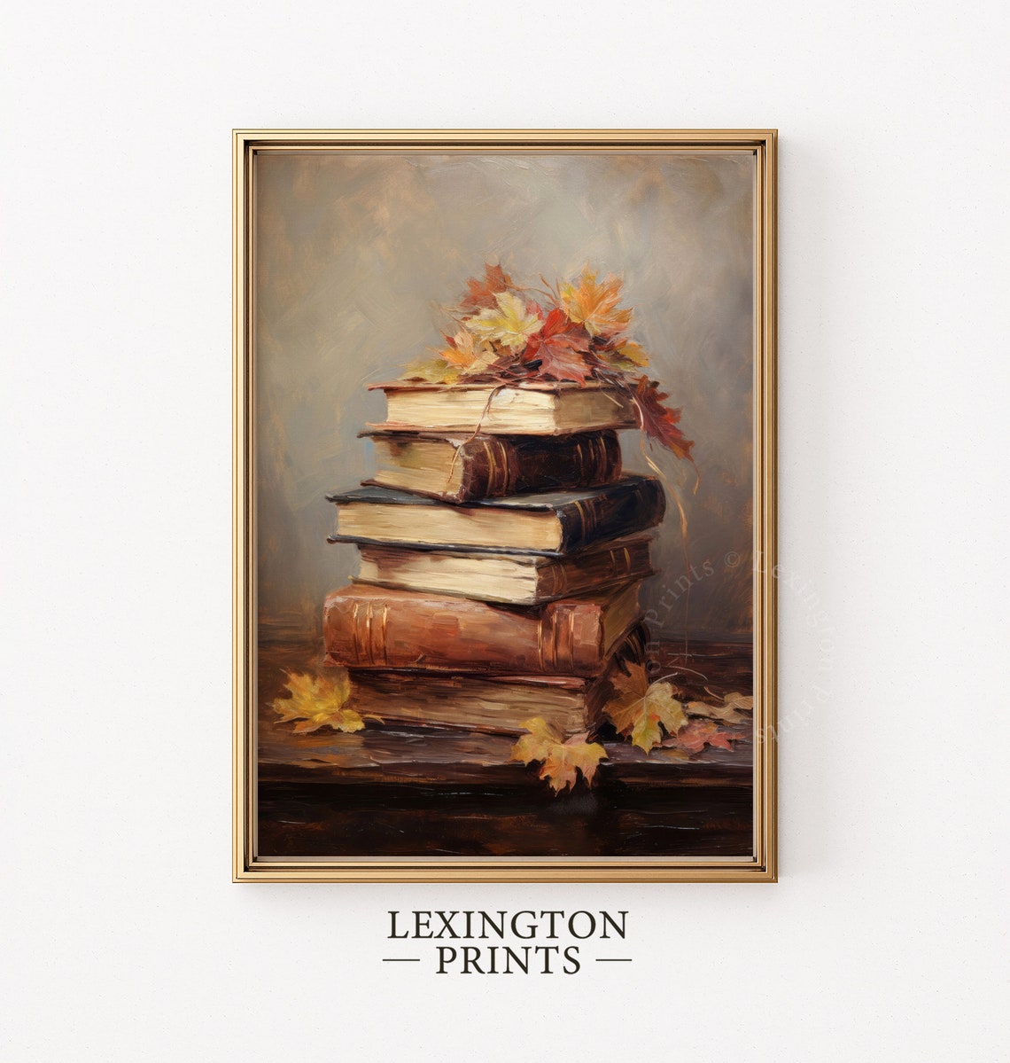 Stack of Old Books with Autumn Maple Leaves Vintage Still Life Poster - Image 4