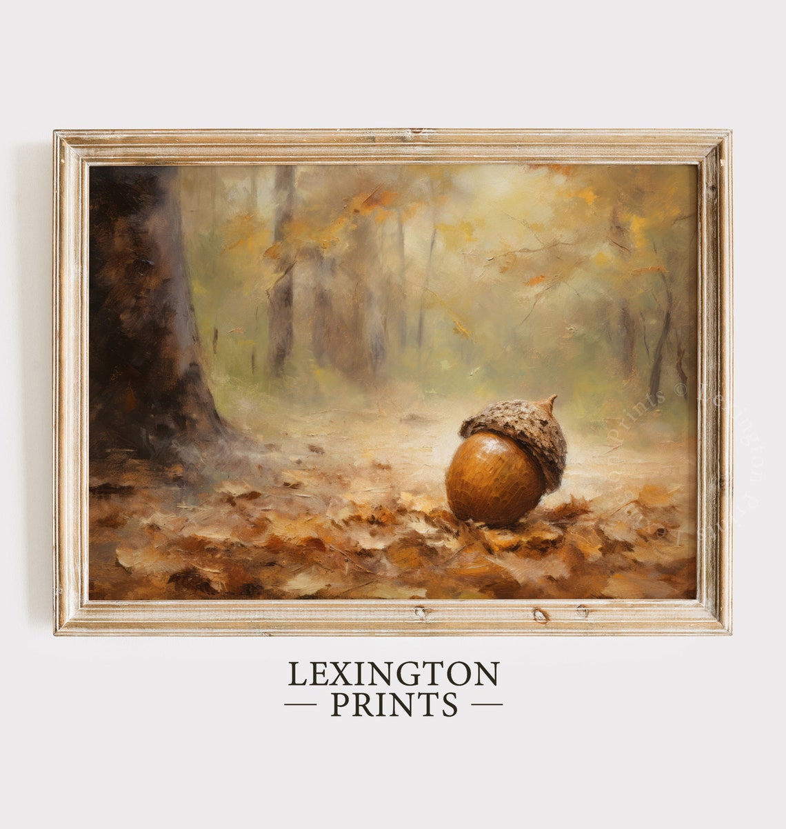 Single Acorn on Autumn Leaves Misty Fall Forest Still Life Poster