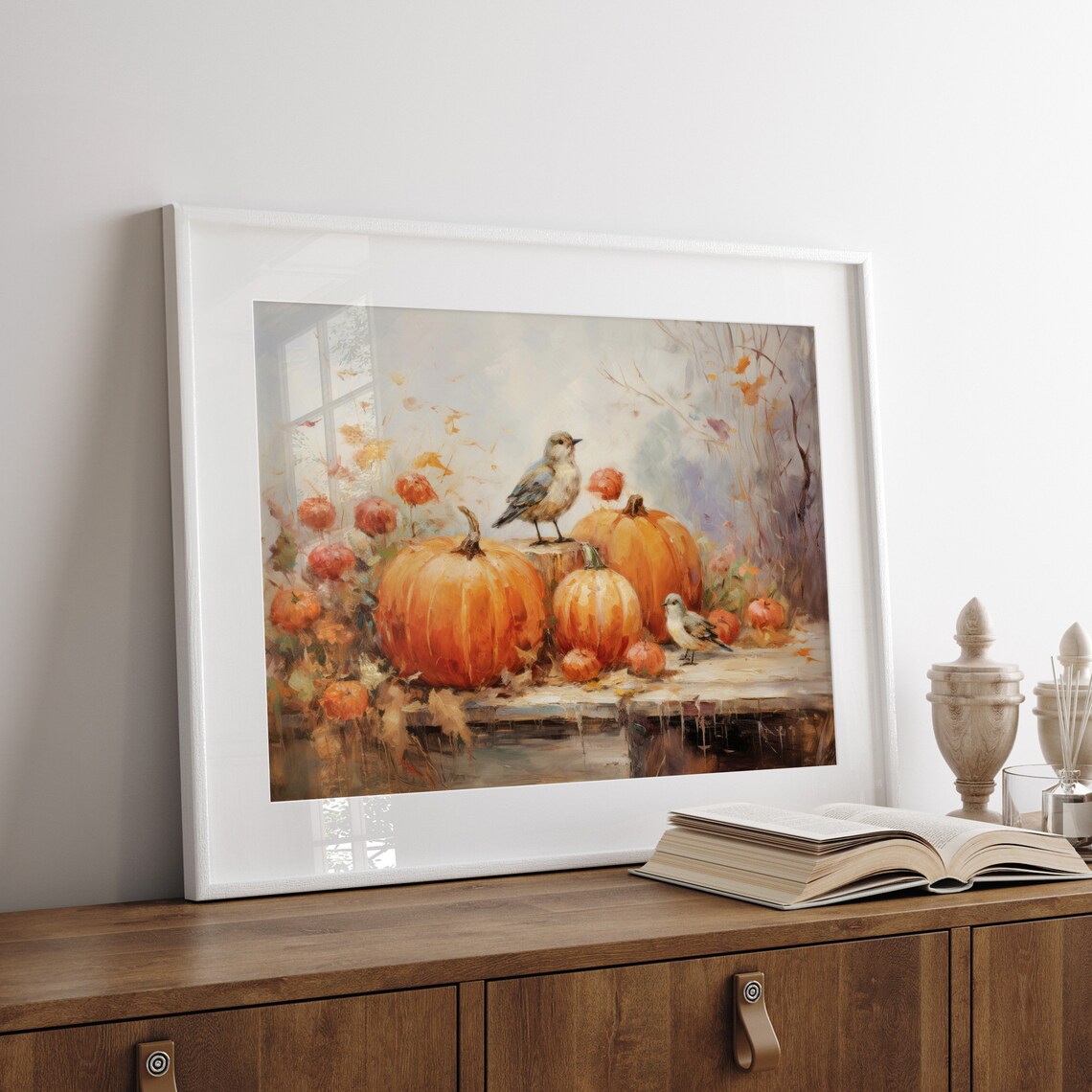 Pumpkins and Songbirds Autumn Still Life Oil Painting Fall Poster - Image 7