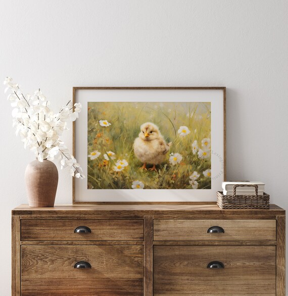 Baby Chick in Wildflower Meadow Vintage Spring Easter Art Poster