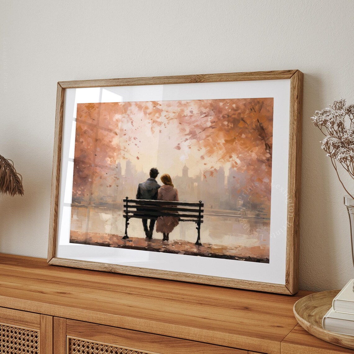 Romantic Couple on Park Bench Autumn City Skyline Watercolor Print - Image 7