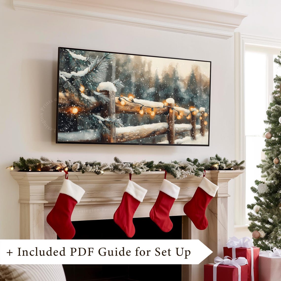 Rustic Christmas Lights Tv Art Christmas Frame Tv Art Country Christmas Tv Art Winter Tv Art Tree Painting White Holiday Home Decor 969 - Image 4